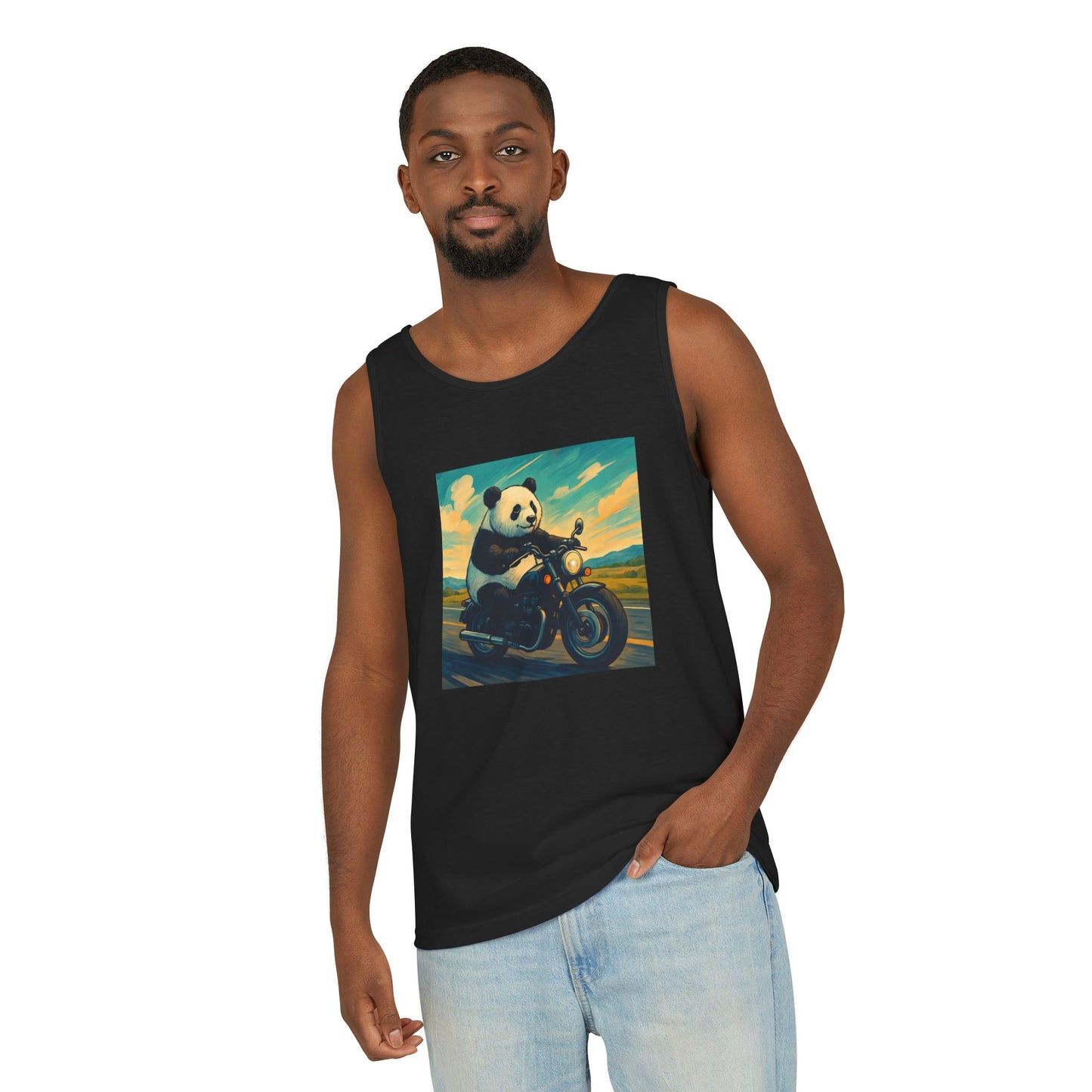 Panda Motorcycle Tank Top, Summer Style, Gift for Animal Lovers, Trendy Casual Wear, Beach Days, Eco-Friendly Fashion