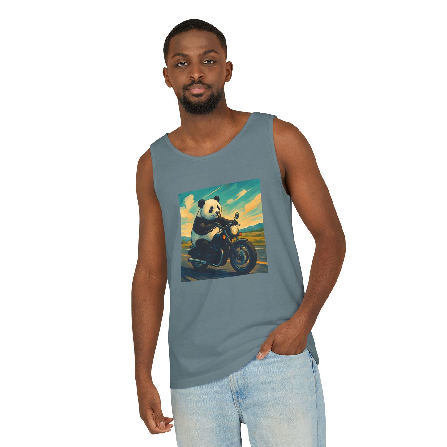 Panda Motorcycle  Tank Top, Summer Style, Gift for Animal Lovers, Trendy Casual Wear, Beach Days, Eco-Friendly Fashion