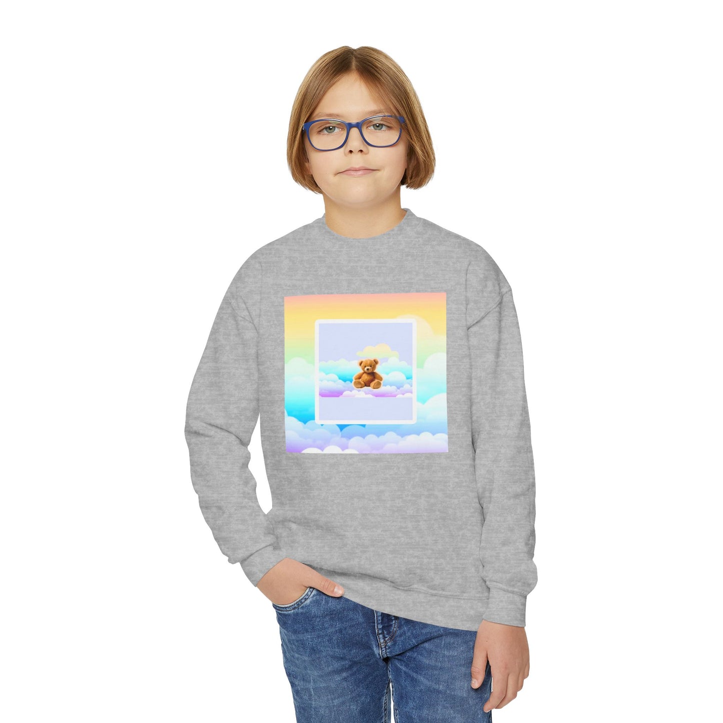 Youth Crewneck Sweatshirt - Cute Teddy Bear on Cloud Design, Cozy Pullover for Kids, Perfect Gift for Birthdays & Holidays, Casual Wear