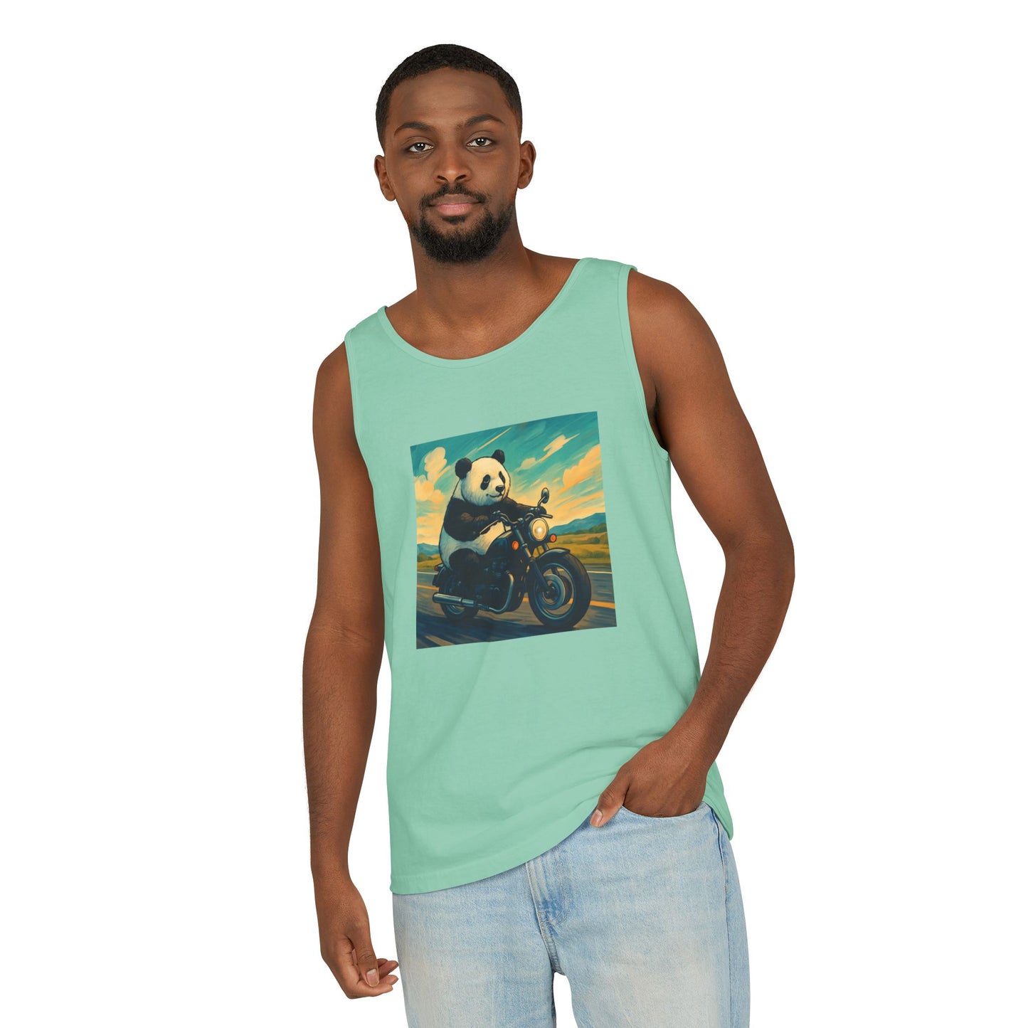 Panda Motorcycle  Tank Top, Summer Style, Gift for Animal Lovers, Trendy Casual Wear, Beach Days, Eco-Friendly Fashion
