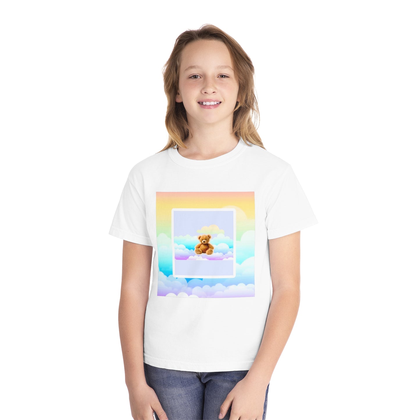 Cute Teddy Bear Youth Midweight Tee, Kids T-Shirt, Summer Style, Birthday Gift, Graphic Tee, Fun Casual Wear, Cloud Design