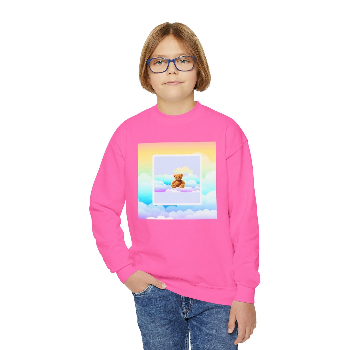 Youth Crewneck Sweatshirt - Cute Teddy Bear on Cloud Design, Cozy Pullover for Kids, Perfect Gift for Birthdays & Holidays, Casual Wear