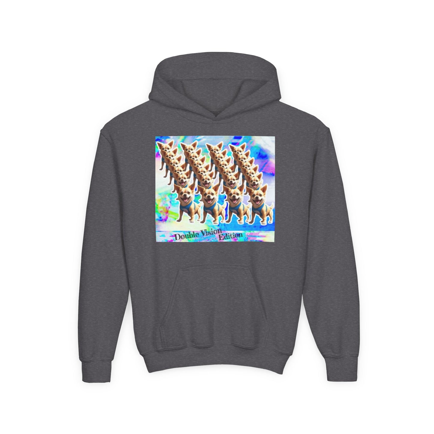 Youth Hooded Sweatshirt with Colorful Dog Print, Funny Gift for Kids, Cozy Casual Wear, Ideal for Birthdays, Holidays, Special Occasions