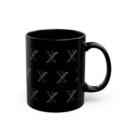 Scissors Pattern Black Mug | Creative Gift for Crafters, Stylish Coffee Cup, Unique Decor, Personalized Holiday Mug, Artisan Drinkware