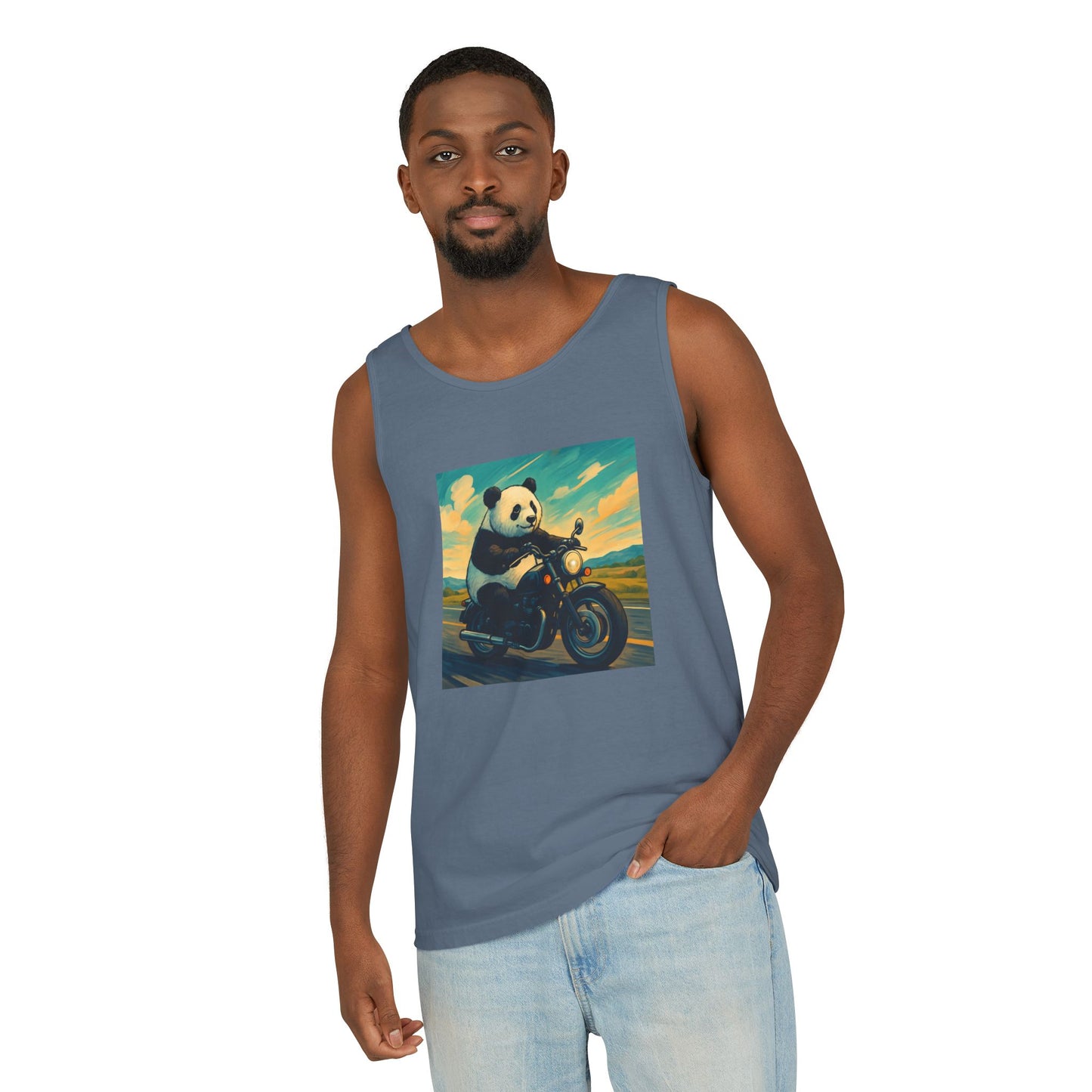 Panda Motorcycle  Tank Top, Summer Style, Gift for Animal Lovers, Trendy Casual Wear, Beach Days, Eco-Friendly Fashion